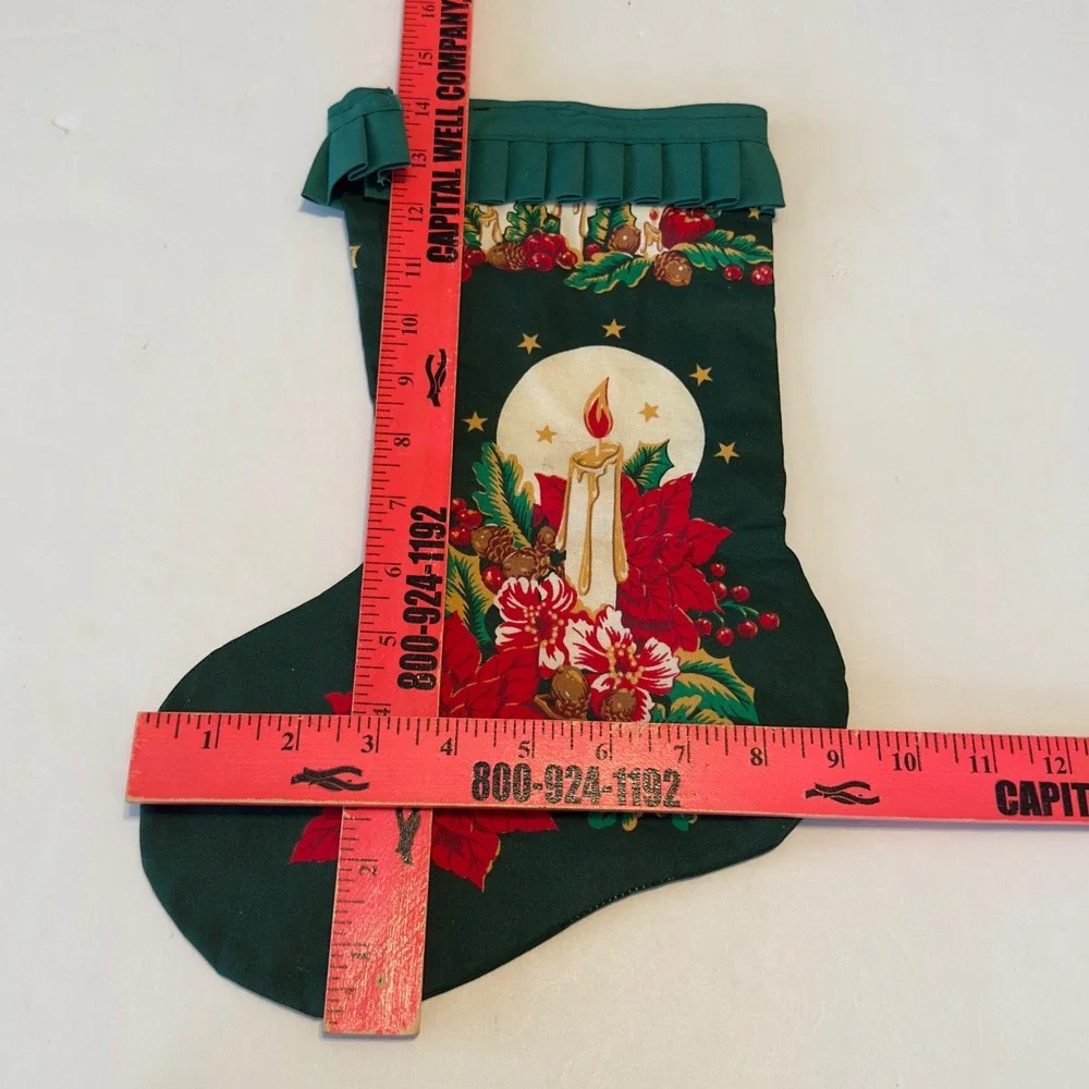 Vintage Christmas Stocking Green Poinsettia Candle Pleated Ruffle‎ Trim Retro